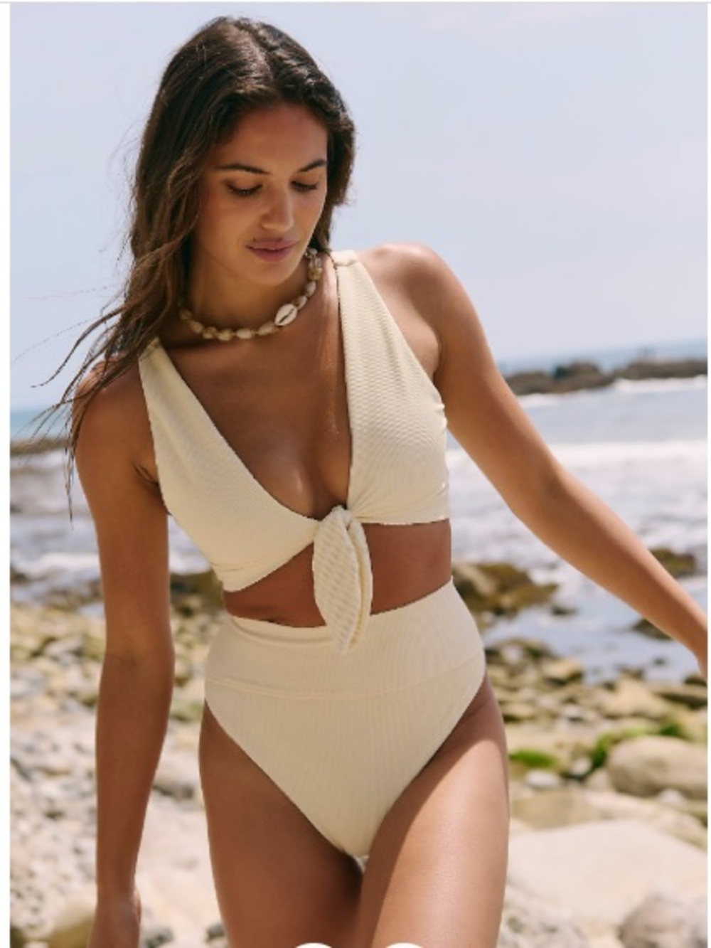 House of Harlow 1960 Cream Ribbed Tie-Front High-Waist Bikini Set Size S
